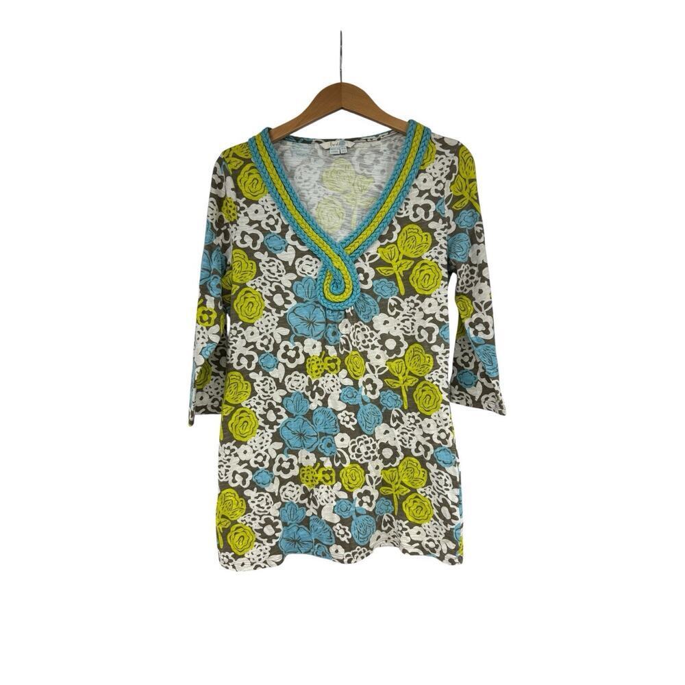 Boden 3/4 Sleeve Rope Detail Green Blue Brown Floral Cotton Top Womens‎ 6